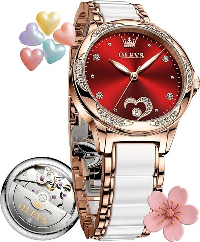 OLEVS Womens Watches Automatic Self Winding Elegant Ceramic Rose Gold Dress Waterproof Luminous Watches for Women Small Wrist - Heart or Butterfly in Saudi Arabia