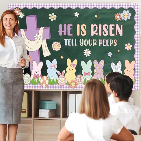 Easter Bunny Bulletin Board Decorations, Christian Religious Bulletin Board He is Risen Classroom Décor Bunny Peep Paper Cutouts Wall Décor for School Classroom Church Chalkboard Decorations in Saudi Arabia