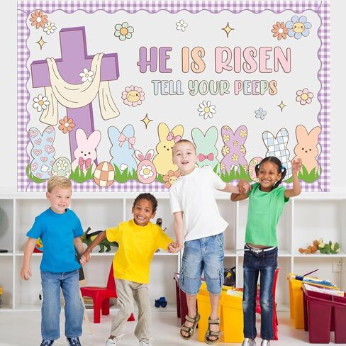 Easter Bunny Bulletin Board Decorations, Christian Religious Bulletin Board He is Risen Classroom Décor Bunny Peep Paper Cutouts Wall Décor for School Classroom Church Chalkboard Decorations in Saudi Arabia