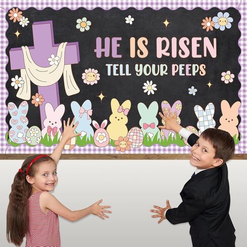 Easter Bunny Bulletin Board Decorations, Christian Religious Bulletin Board He is Risen Classroom Décor Bunny Peep Paper Cutouts Wall Décor for School Classroom Church Chalkboard Decorations in Saudi Arabia