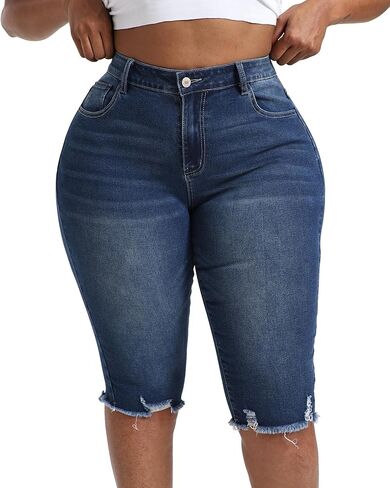 Plus Size Capris for Women 17" Inseam Stretchy Capri Jean Shorts High Waisted Cropped Pants in Kuwait