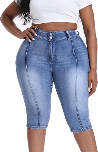 Plus Size Capris for Women 17" Inseam Stretchy Capri Jean Shorts High Waisted Cropped Pants in Kuwait
