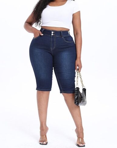 Plus Size Capris for Women 17" Inseam Stretchy Capri Jean Shorts High Waisted Cropped Pants in Kuwait