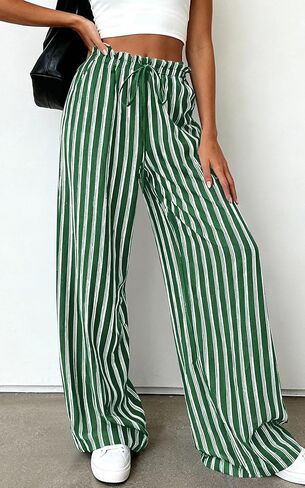 PRETTYGARDEN Women's Wide Leg Palazzo Pants Dressy Casual Striped Y2K Baggy Trousers High Waisted Lounge Slacks with Pockets in Saudi Arabia