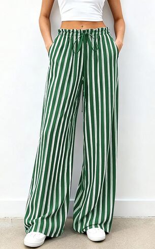 PRETTYGARDEN Women's Wide Leg Palazzo Pants Dressy Casual Striped Y2K Baggy Trousers High Waisted Lounge Slacks with Pockets in Saudi Arabia