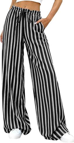 PRETTYGARDEN Women's Wide Leg Palazzo Pants Dressy Casual Striped Y2K Baggy Trousers High Waisted Lounge Slacks with Pockets in Saudi Arabia
