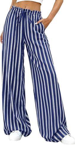 PRETTYGARDEN Women's Wide Leg Palazzo Pants Dressy Casual Striped Y2K Baggy Trousers High Waisted Lounge Slacks with Pockets in Saudi Arabia