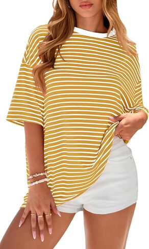 PRETTYGARDEN Womens Oversized Cute Tops Casual Striped Short Sleeve Shirt Women Trendy 2026 Spring Fashion Basic Tees Blouse in Saudi Arabia