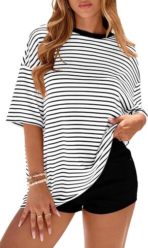 PRETTYGARDEN Womens Oversized Cute Tops Casual Striped Short Sleeve Shirt Women Trendy 2026 Spring Fashion Basic Tees Blouse in Saudi Arabia