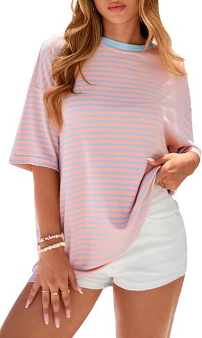 PRETTYGARDEN Womens Oversized Cute Tops Casual Striped Short Sleeve Shirt Women Trendy 2026 Spring Fashion Basic Tees Blouse in Saudi Arabia