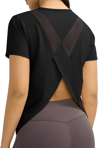 Ama Larsi Short Sleeve Workout Tops for Women Athletic Gym Split Back Breathable T Shirts Loose Fit Yoga Tops in Saudi Arabia