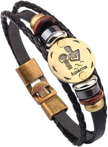 Men and Women Zodiac Leather Bracelet Vintage Punk Multi-Braid Clasp, Easy On Gift for Him Her in Saudi Arabia