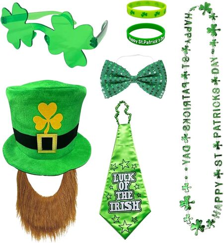 Leprechaun Costume, St. Patrick's Day Party Costume Set for Adult Men, Includes Beard Hat, Bow Tie, Glasses, Necklace, Bracelet*2, Perfect for Themed Events and Irish Celebrations, 7PCS in Kuwait