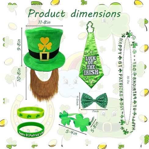 Leprechaun Costume, St. Patrick's Day Party Costume Set for Adult Men, Includes Beard Hat, Bow Tie, Glasses, Necklace, Bracelet*2, Perfect for Themed Events and Irish Celebrations, 7PCS in Kuwait