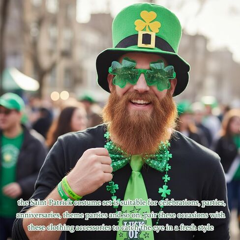 Leprechaun Costume, St. Patrick's Day Party Costume Set for Adult Men, Includes Beard Hat, Bow Tie, Glasses, Necklace, Bracelet*2, Perfect for Themed Events and Irish Celebrations, 7PCS in Kuwait