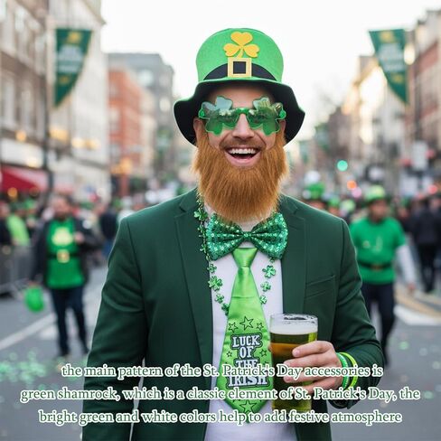 Leprechaun Costume, St. Patrick's Day Party Costume Set for Adult Men, Includes Beard Hat, Bow Tie, Glasses, Necklace, Bracelet*2, Perfect for Themed Events and Irish Celebrations, 7PCS in Kuwait