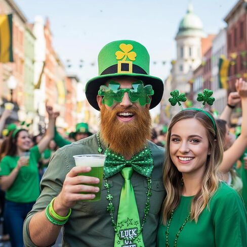 Leprechaun Costume, St. Patrick's Day Party Costume Set for Adult Men, Includes Beard Hat, Bow Tie, Glasses, Necklace, Bracelet*2, Perfect for Themed Events and Irish Celebrations, 7PCS in Kuwait