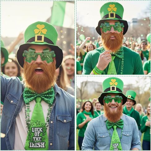 Leprechaun Costume, St. Patrick's Day Party Costume Set for Adult Men, Includes Beard Hat, Bow Tie, Glasses, Necklace, Bracelet*2, Perfect for Themed Events and Irish Celebrations, 7PCS in Kuwait