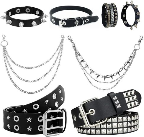 8 Pcs Y2k Punk Accessory Set Goth Emo Punk Rock Rivet Belt Studded Belt,Leather Spiked Choker Necklace,Cuff Bracelet Wristbands,Pants and Wallet Chain for Women Men in Saudi Arabia