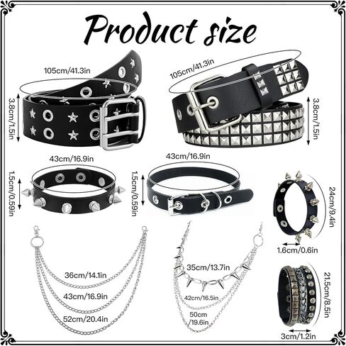 8 Pcs Y2k Punk Accessory Set Goth Emo Punk Rock Rivet Belt Studded Belt,Leather Spiked Choker Necklace,Cuff Bracelet Wristbands,Pants and Wallet Chain for Women Men in Saudi Arabia