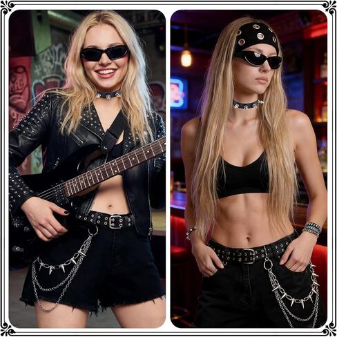 8 Pcs Y2k Punk Accessory Set Goth Emo Punk Rock Rivet Belt Studded Belt,Leather Spiked Choker Necklace,Cuff Bracelet Wristbands,Pants and Wallet Chain for Women Men in Saudi Arabia