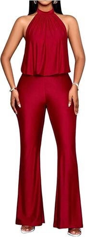 OYOANGLE Women's Halter Sleeveless Jumpsuit Tie Backless Flare Leg Overalls Elegant Cocktail Outfits in Saudi Arabia
