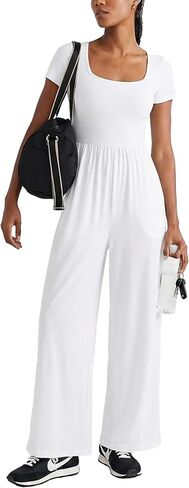 MAKABO Women's Summer One Piece Jumpsuits Casual Short Sleeve Square Neck Wide Leg Pant Rompers Outfits with Pockets in Saudi Arabia