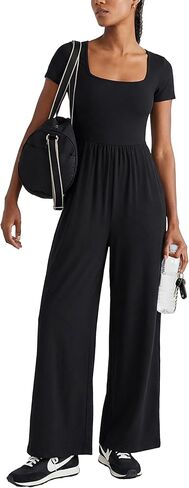 MAKABO Women's Summer One Piece Jumpsuits Casual Short Sleeve Square Neck Wide Leg Pant Rompers Outfits with Pockets in Saudi Arabia