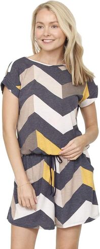 جمبسوت نسائي مطبوع عليه شيفرون على شكل بيضة صلبة، ثوب فضفاض أنيق كاجوال مريح مخطط بجيوب (خردل بحري، متوسط) in Kuwait