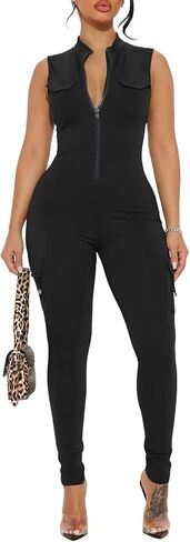 acelyn Women's Sexy Ribbed Jumpsuit Workout Sleeveless Zip Up Front One Piece Casual Bodyon Romper Summer Outfit in Saudi Arabia