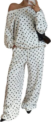 SweatyRocks Women's 2 Piece Outfits Polka Dots One Shoulder Loose Sweatshirt and Drawstring Sweatpants Set in Saudi Arabia