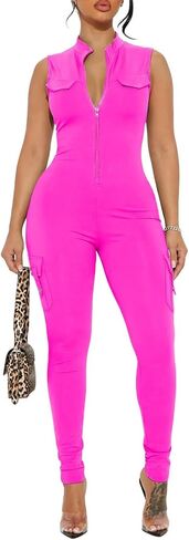 acelyn Women's Sexy Ribbed Jumpsuit Workout Sleeveless Zip Up Front One Piece Casual Bodyon Romper Summer Outfit in Saudi Arabia