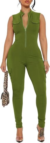 acelyn Women's Sexy Ribbed Jumpsuit Workout Sleeveless Zip Up Front One Piece Casual Bodyon Romper Summer Outfit in Saudi Arabia