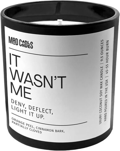 – It WASN’t Me – Sophisticated Warm Spice Scent – Bold Black Candle – 9.5 oz Coconut Soy Wax Blend, Eco-Friendly Gift for Women & Men, Hand Poured in USA, 55-Hour Burn, Clean Cotton Wick in Saudi Arabia