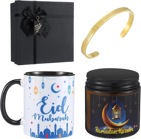4 قطع من Meanplan هدايا عيد رمضان الإسلامية، كوب مبارك، شموع معطرة بشهر رمضان، أساور ذهبية، أساور مجوهرات، هدية للرجال والنساء المسلمين، عطلات العيد، هدايا السنة الجديدة (عظمة، ذهبي، أسود) in Saudi Arabia