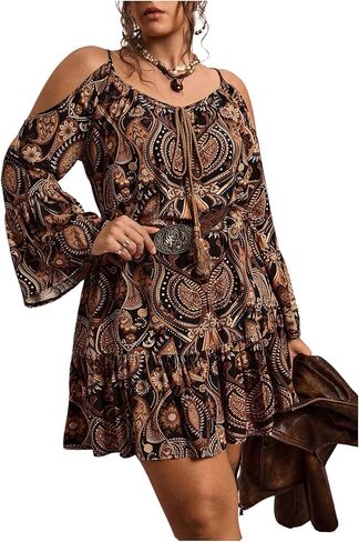 Women's Plus Size Western Paisley Cold Shoulder Dress Boho Ruffle Bell Long Sleeve Vacation Summer Mini Dresses in Kuwait