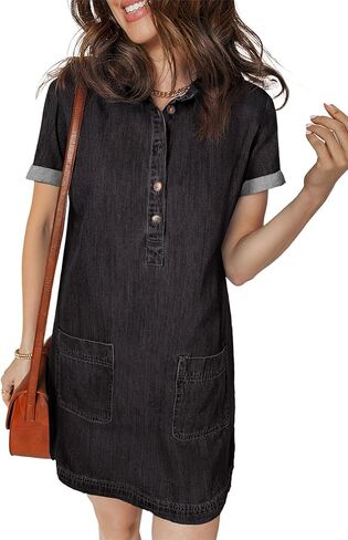 Sidefeel Denim Dress for Women Causal Short Sleeve Collared Button Down Jean Dress Trendy A Line Summer Shirt Dress in Saudi Arabia