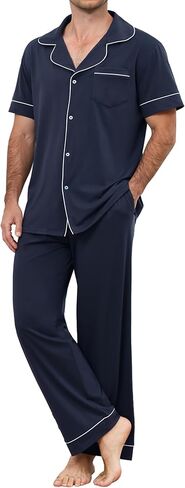 Mens Pajamas Set Cotton Short Shirt & Long Pants Men's Sleepwear Notch Lapel Button-Down Loungewear Set with Pockets in Kuwait