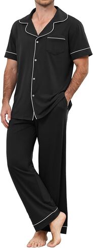 Mens Pajamas Set Cotton Short Shirt & Long Pants Men's Sleepwear Notch Lapel Button-Down Loungewear Set with Pockets in Saudi Arabia