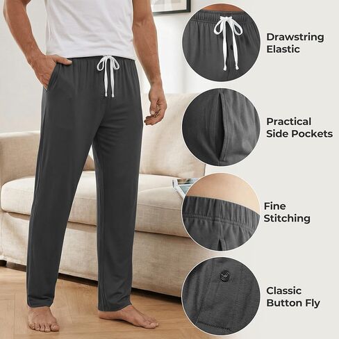 Mens Pajama Pants - Moisture Wicking Bamboo Viscose Cotton Soft Cooling Sleep Bottoms for Home & Lounge in Saudi Arabia