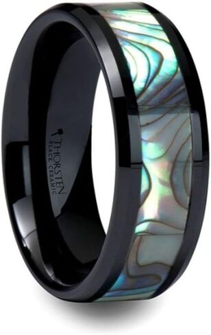 حلقة Thorsten Rings OAHU من السيراميك الأسود المشطوف مع ترصيع الصدفة - 8 ملم in Saudi Arabia
