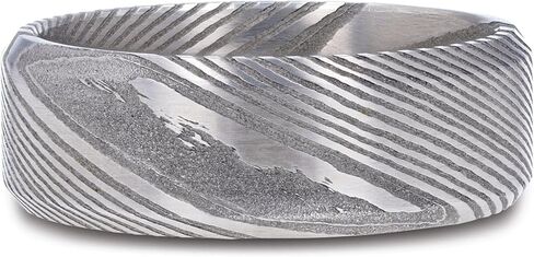 Thorsten GHOST Grey Damascus Steel Brushed Beveled Men’s Wedding Band with Repeating Artisan Pattern - 6mm & 8mm in Saudi Arabia