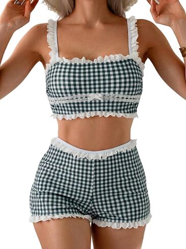 ZAFUL Womens High Waisted Bikini Sets 2 Piece Plaid Ruffle Swimsuits Back Strap Top with High Waisted Shorts Bathing Suit in Saudi Arabia