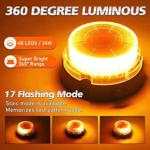 OPP ULITE Rechargeable Amber Led Strobe Lights 2 in 1 Wireless Battery, 17 Flashing Mode High Low Brightness, 48pcs Led, 24W Hazard Beacon Flash Safety Emergency Warning Light for Vehicles Trucks in Saudi Arabia