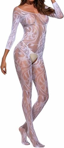 RUIBAVYA Women's Sexy Lace Fishnet Bodysuit Long Sleeve Mesh Jumpsuit Full Body Stockings Net Bodysuit in Saudi Arabia