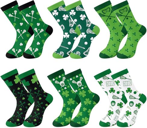 6 Pairs Irish Lacrosse Theme Socks - St Patricks Day Funny Running Crew Socks Green Shamrock Lacrosse Stuff Accessories Party Favor Gifts for Adult Men Women in Saudi Arabia