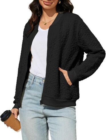 Women's Zip Up Cardigan Jacket Lightweight Casual Long Sleeve Sweatshirt Fall Outerwear Crewneck Jacquard Coat with Pockets in Kuwait