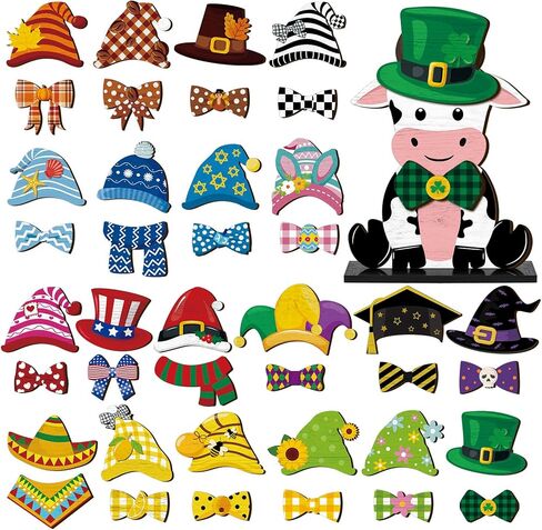 42 Pcs Interchangeable Cow Sign Seasonal Holiday Tiered Tray Decor Set Farmhouse Rustic DIY Wood Table Centerpiece for Summer in Kuwait