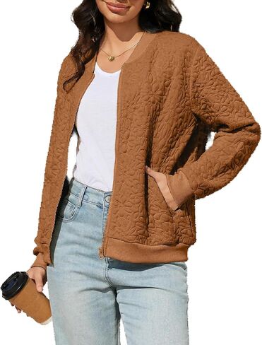 سترة نسائية بسحاب سترة خفيفة الوزن غير رسمية بأكمام طويلة سترة خريفية ملابس خارجية بياقة دائرية معطف جاكار مع جيوب in Kuwait