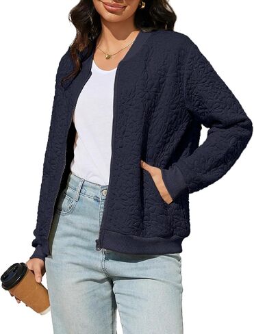 Women's Zip Up Cardigan Jacket Lightweight Casual Long Sleeve Sweatshirt Fall Outerwear Crewneck Jacquard Coat with Pockets in Kuwait